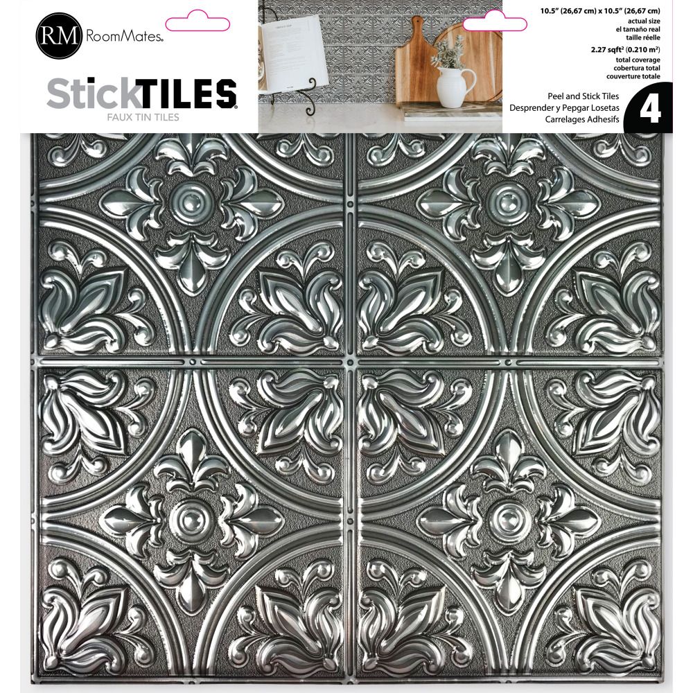 RoomMates by York TIL4624FLT Silver Tin  Peel And Stick Tile Backsplash
